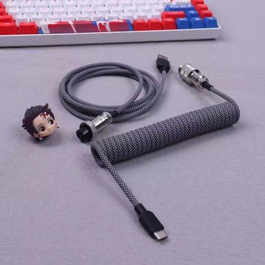 USB C Coiled Keyboard Cable | Double-Sleeved w/ Metal Connector